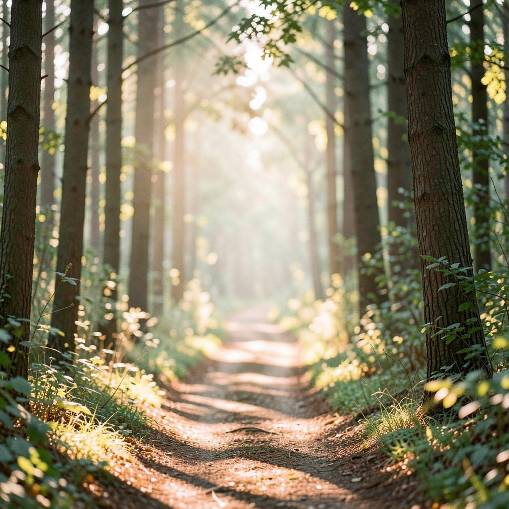 A calm forest path winding through sunlit trees